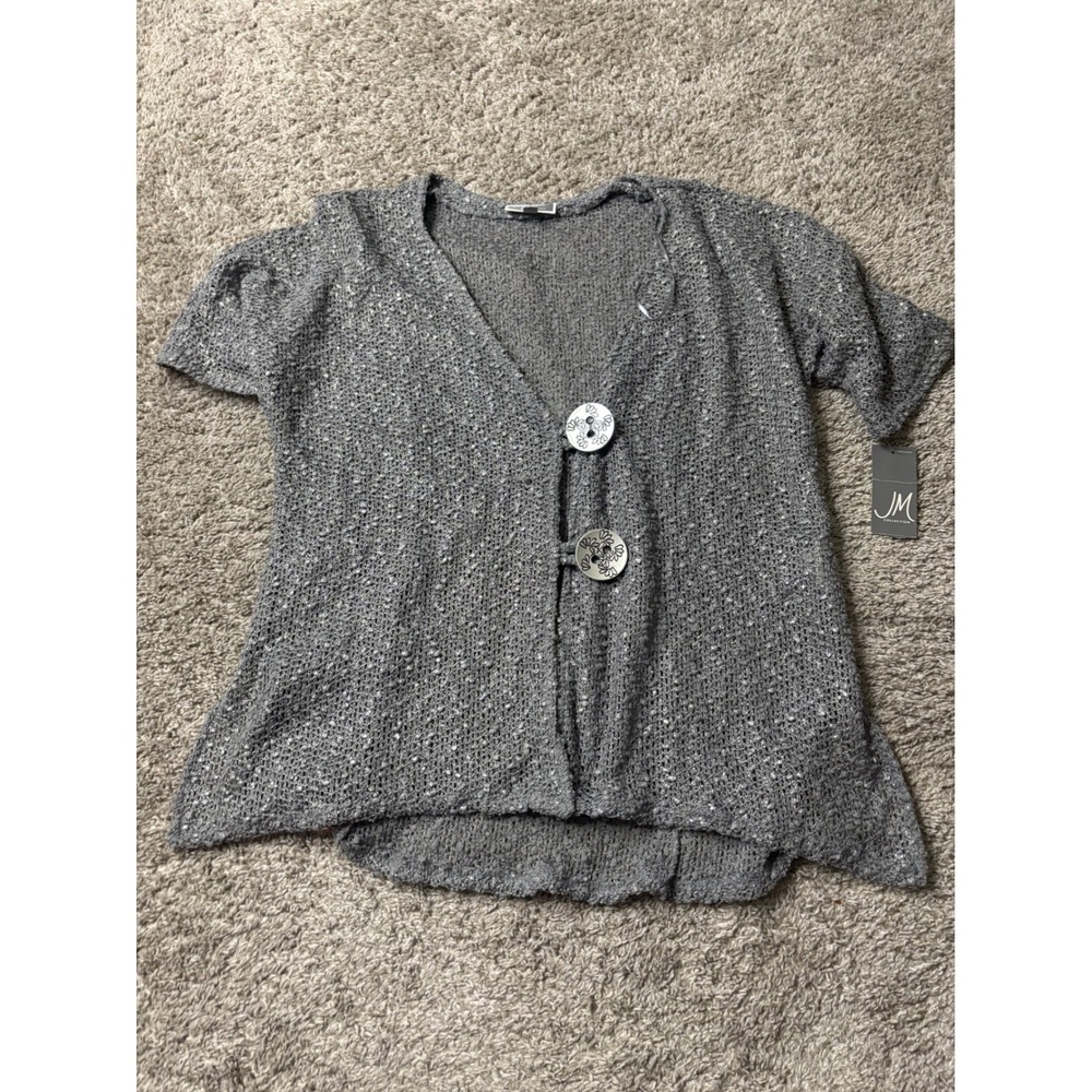 JM Collection Womens Grey Open Knit Short Sleeve Button Cardigan 83709SH460 M